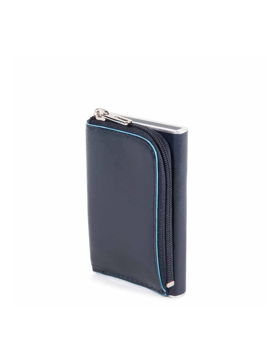 Piquadro, Blue Square, Suport de carduri din piele, Sistem de alunecare pătrat cu buzunar pentru monede cu fermoar, PP5359B2R-BLU2, Albastru, Pentru bărbați