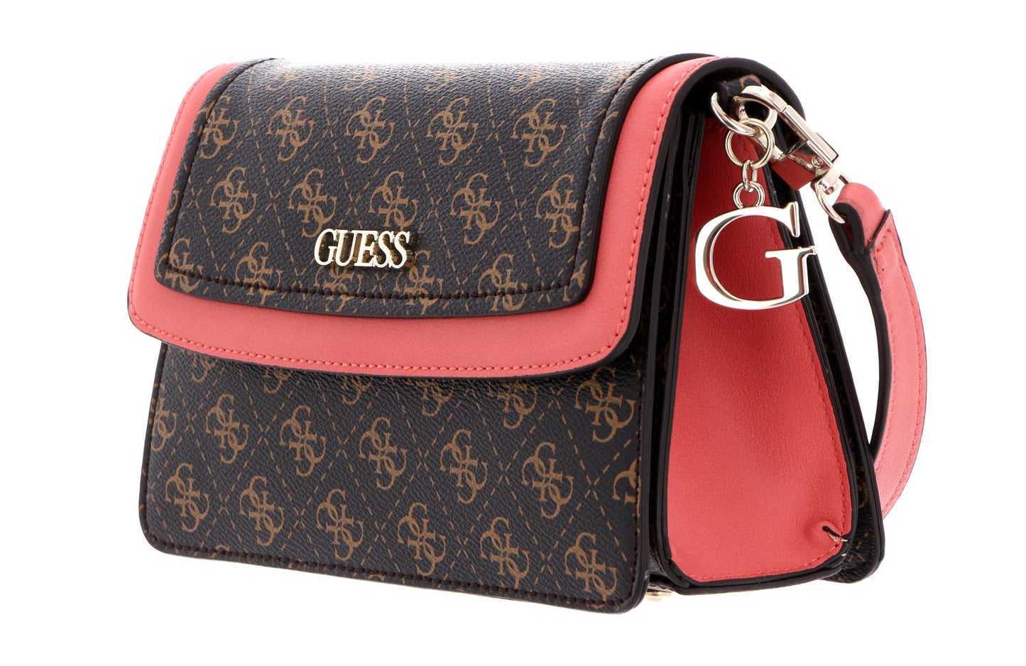 Guess, Camy, Piele sintetică, Logo 4G, Geantă textilă crossbody, Coral/Maro, Pentru femei