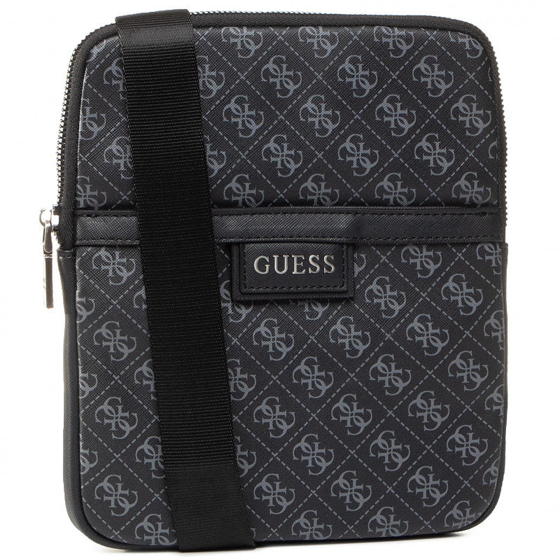 Guess, Dan, Top plat cu fermoar, Geantă textilă crossbody, Negru, Pentru bărbați