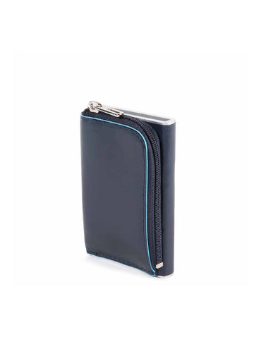 Piquadro, Blue Square, Suport de carduri din piele, Sistem de alunecare pătrat cu buzunar pentru monede cu fermoar, PP5359B2R-BLU2, Albastru, Pentru bărbați