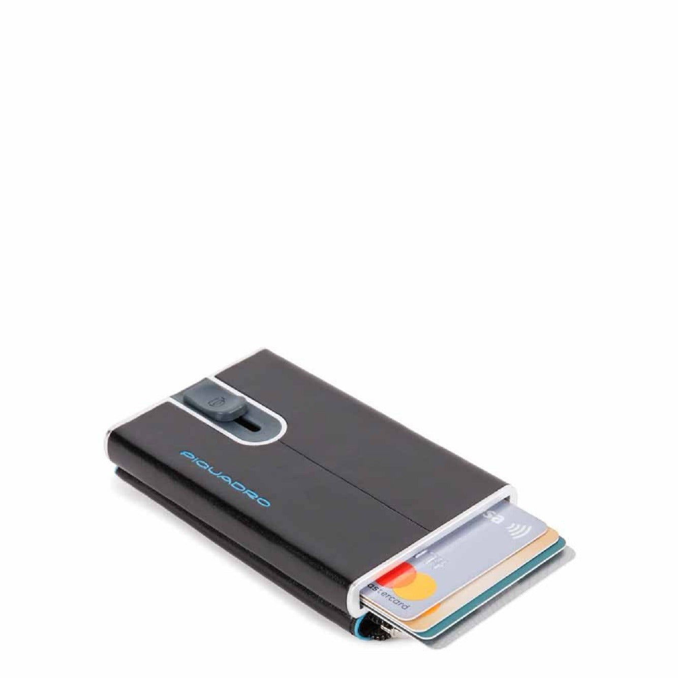 Piquadro, Blue Square, Suport de carduri din piele, Sistem de alunecare pătrat cu buzunar pentru monede cu fermoar, PP5359B2R-N, Negru, Pentru bărbați