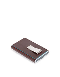 Piquadro, Blue Square, Suport de carduri din piele, Sistem de alunecare pătrat cu clema de bani, PP5358B2R, Mahon, Pentru bărbați